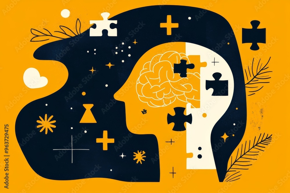 Poster neuronal stamina synaptic network abstract illustration of a yellow brain surrounded by cosmic symbo