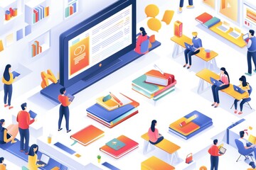 A group of people gathered around a laptop, likely discussing or working together