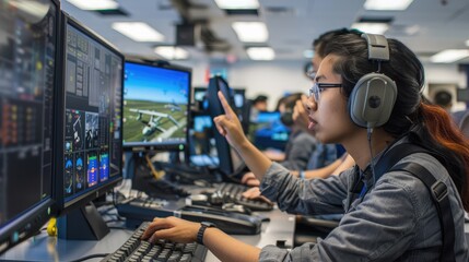 Technicians Monitoring Flight Simulations in a Control Room