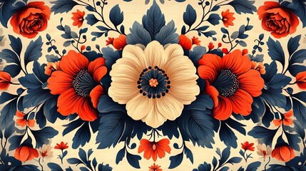 Intricate folk art pattern with ornate floral motifs and vibrant geometric background