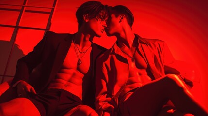 Intimate Moment Between Two Shirtless Men in Red Lighting, Romantic Connection, Passionate Embrace, LGBT Couple in Modern Urban Setting