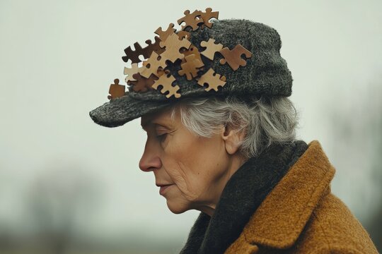 Cognitive power Synaptic network Elderly woman wearing a hat with puzzle pieces symbolizing aging memory and the search for cognitive understanding