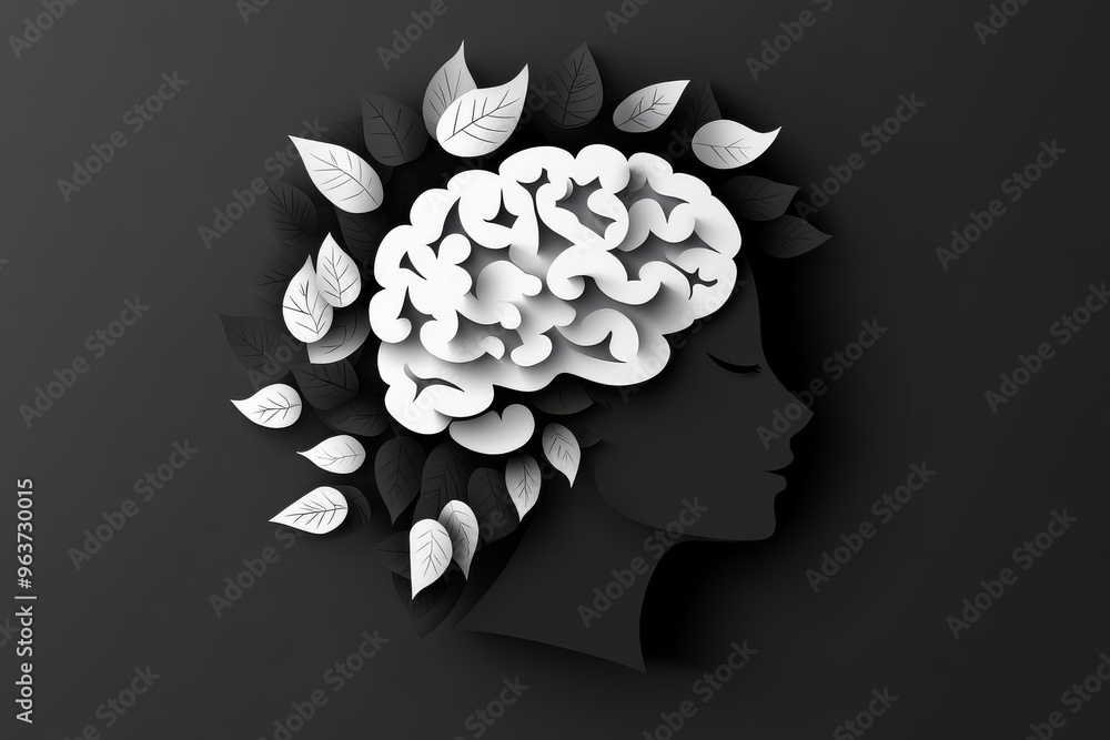 Poster brain resilience prefrontal cortex artistic silhouette of a head with leaf like brain patterns symbo