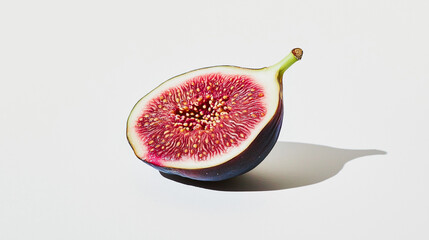 a single fig cut in half with a deep purple skin and pink flesh against an isolated white background