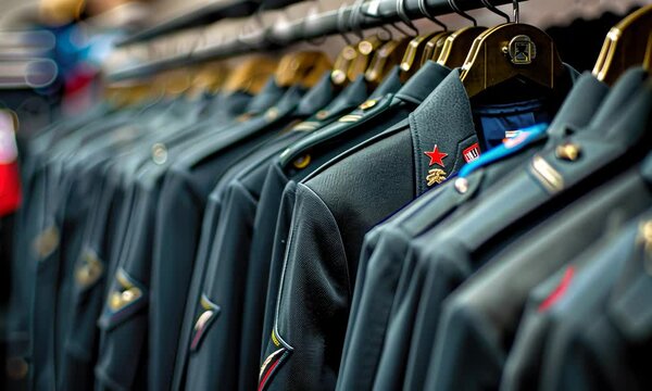 A row of military uniforms hanging on a rack, focused patch with star