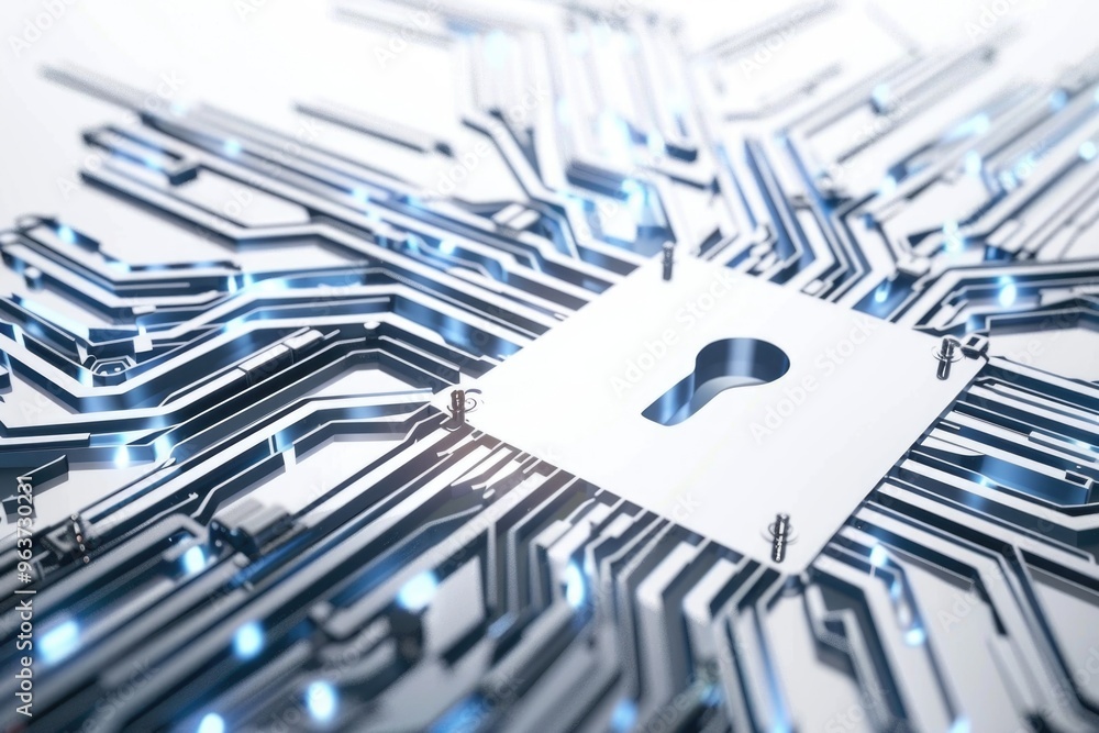 Poster a detailed view of electronic components and a small keyhole on a circuit board