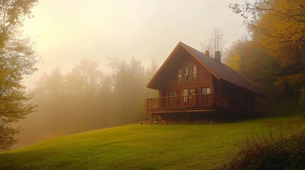 Fototapeta premium A serene sunlit cabin nestled in mysterious woodlands enveloped by a foggy morning atmosphere. The tranquil landscape captures the peacefulness of nature with soft light filtering through the trees