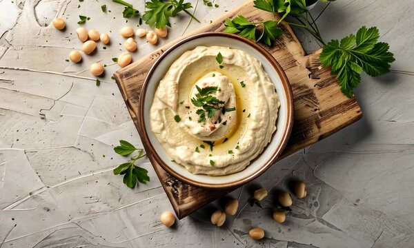 A bowl of creamy hummus garnished with parsley and olive oil on a wooden board, surrounded by chickpeas