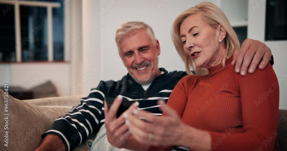 Canvas Prints Relax, phone and happy with old couple on sofa for communication, retirement planning and anniversary getaway. Technology, web search and post with senior man and woman at home for resort booking