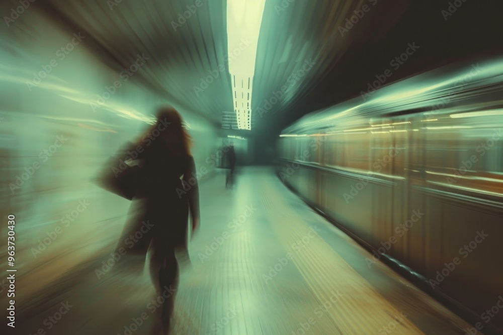 Poster a blurred image of a person walking down a subway platform, great for use in urban or commuting-rela