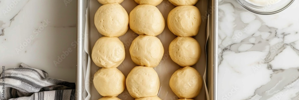 Canvas Prints Flat lay composition of dinner rolls being made from frozen dough in a baking tray.