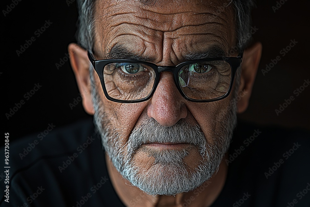 Poster brain agility prefrontal cortex elderly man with glasses and a serious expression symbolizing wisdom