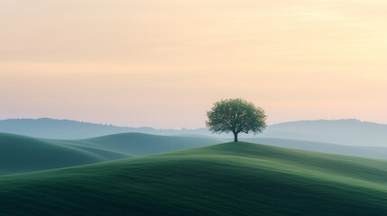 Lonely Tree on Gentle Rolling Hill Beneath Soft Pastel Sky &ndash; Minimalist Landscape Evoking Peace and Relaxation