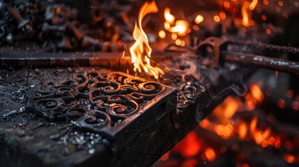 Intricate Metalwork in a Blacksmith Forge with Flames