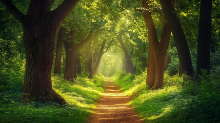 Tranquil Sunlit Forest Path with Lush Greenery &ndash; Calming Nature Scene with Soft Sun Rays and Vibrant Foliage