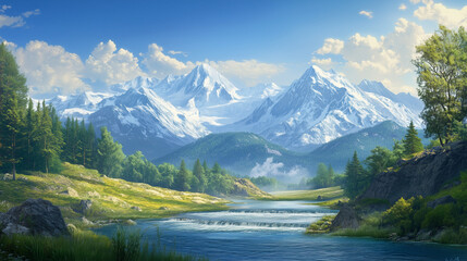 Snow-Capped Majestic Mountain Range with Serene Valley and Flowing River - Breathtaking Landscape Photography