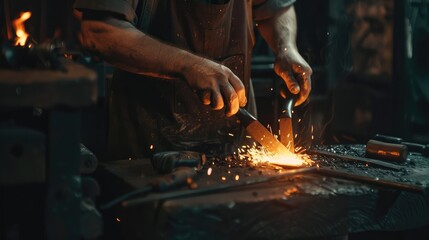 Blacksmith Forging Metal with Sparks Flying in Workshop