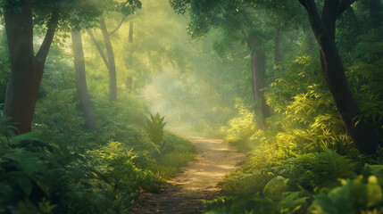Serene Sunlit Forest Path - Lush Greenery and Calming Atmosphere for Nature Lovers