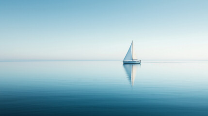 Serene Minimalistic Sailboat on Calm Sea with Soft Reflections and Clear Blue Sky