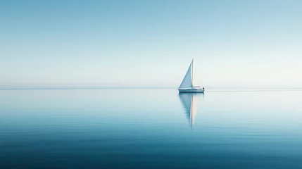 Fotobehang Serene Minimalistic Sailboat on Calm Sea with Soft Reflections and Clear Blue Sky © Artistiao