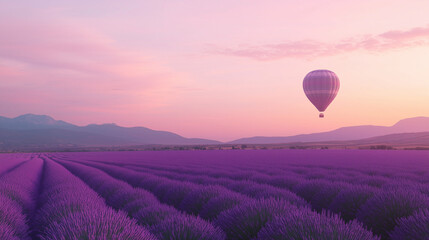 Endless Lavender Field with Hot Air Balloon | Minimalist Landscape Under Pink Sky