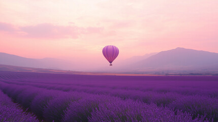 Endless Lavender Field with Vibrant Hot Air Balloon Under Soft Pink Sky &ndash; Minimalist Serenity