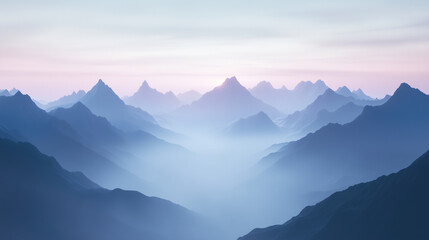 Serene Misty Mountain Range at Dawn: Soft Fog and Ethereal Blue, Grey, and Lavender Gradients