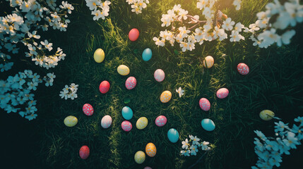 Collection of colorful easter eggs laying in grass, background of trees and flowers blurred to highlight the natural feeling morning light 