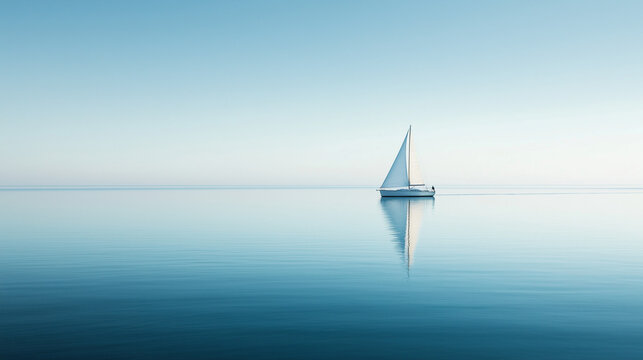 Serene Minimalistic Sailboat on Calm Sea with Soft Reflections and Clear Blue Sky - Powered by Adobe