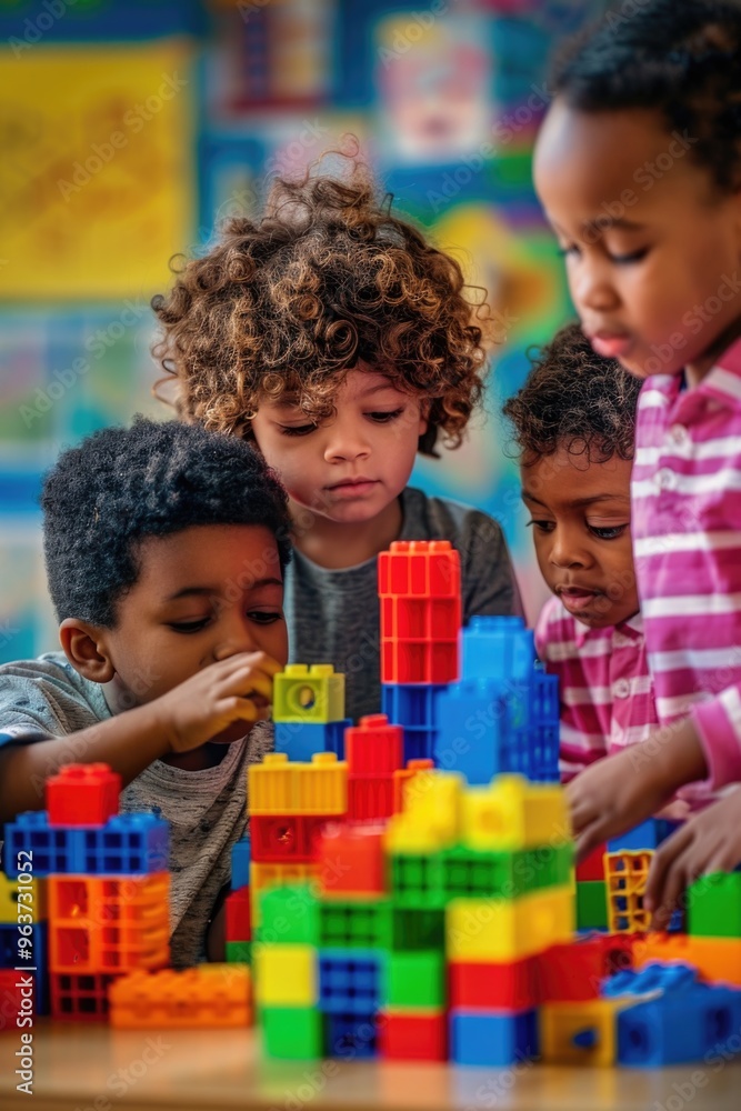 Aufkleber kids constructing with building blocks in a classroom setting