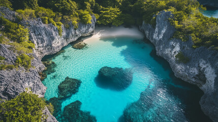 Breathtaking Aerial View of a Secluded Turquoise Lagoon Surrounded by Dramatic Rock Formations and Lush Tropical Vegetation with Crystal-Clear Water Reflecting the Sky