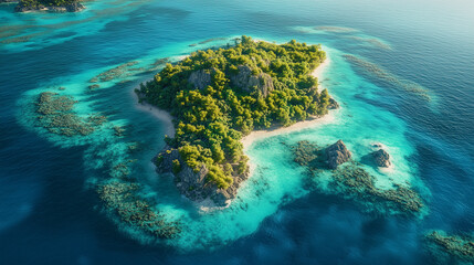 Aerial View of Tropical Island with Crystal-Clear Turquoise Water, Vibrant Coral Reefs, and Lush Green Vegetation