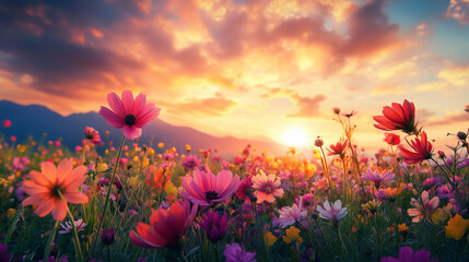 Exotic Blooming Flower Field at Sunrise: Vibrant Colors and Intricate Details Under Dramatic Sky