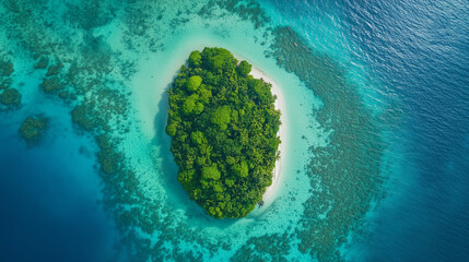 Stunning Aerial View of a Tropical Island with Crystal-Clear Turquoise Water and Vibrant Coral Reefs
