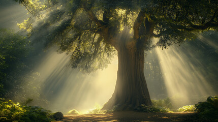 Majestic Giant Sequoia Tree in Ethereal Mist with Sunlight Beams – Awe-Inspiring Nature Scene