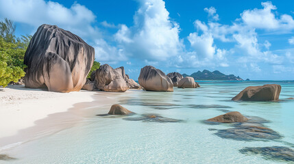 Peaceful remote beach with smooth granite boulders and unique rock formations on white sand, surrounded by clear, turquoise water and blue sky with clouds.