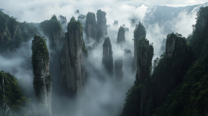 Breathtaking landscape of towering sandstone pillars rising from mist-covered valleys, covered in lush.