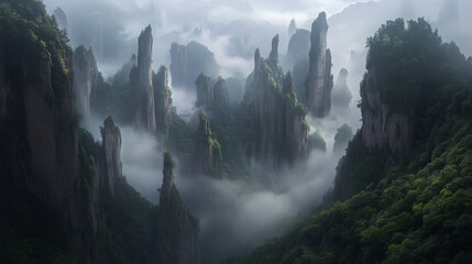 Dreamy towering pillars made of sandstone rising from valleys covered in lush and mist around.
