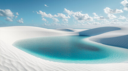 Breathtaking landscape of crystal-clear lagoons formed by rainwater with vast pure-white sand dunes like heaven