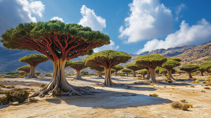 Dragon's Maw Tree Forest on Tatooine - Red-Foliaged Trees with Dramatic Roots, Desert Landscape, Mountains, and Sunny Blue Sky