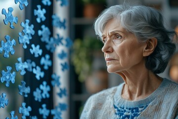 Neuronal stamina Prefrontal cortex Older woman looking out of a window with puzzle pieces in the background symbolizing solitude memory and reflection