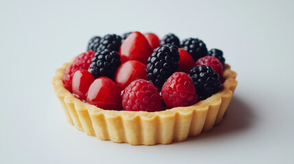 a small fruit tart with fresh berries and a glaze finish against an isolated white background