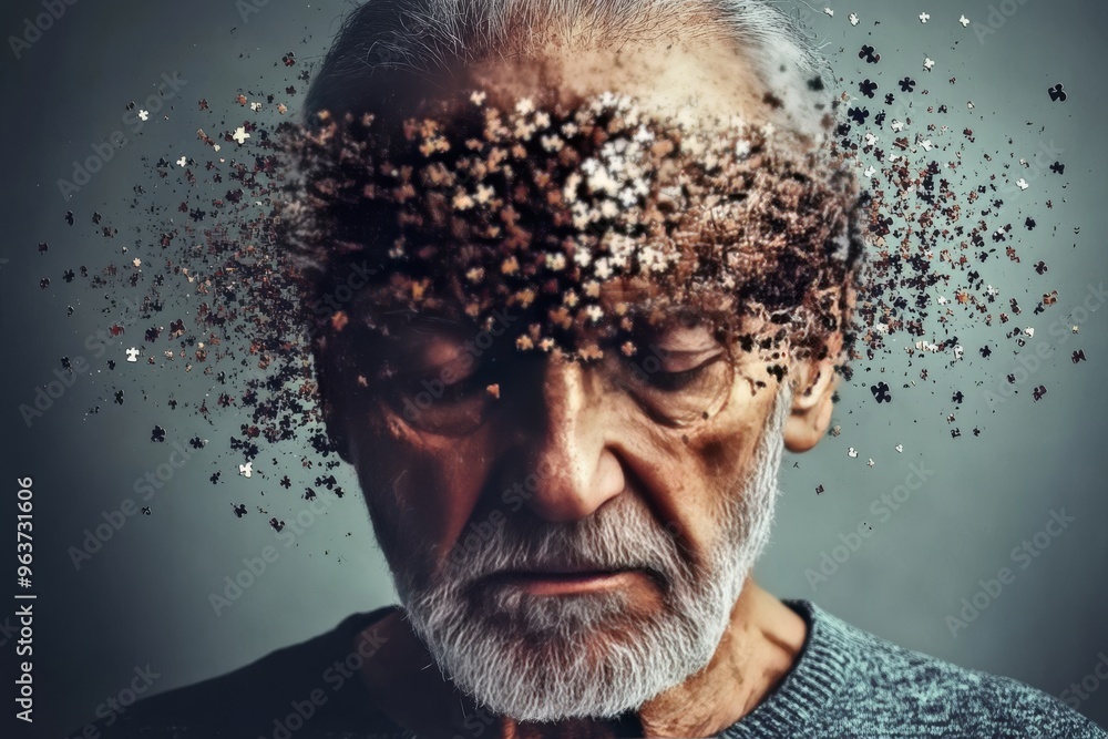 Poster brain power prefrontal cortex elderly man with his head disintegrating into particles symbolizing me