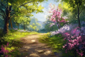 Fototapeta premium A serene and peaceful forest path surrounded by lush greenery