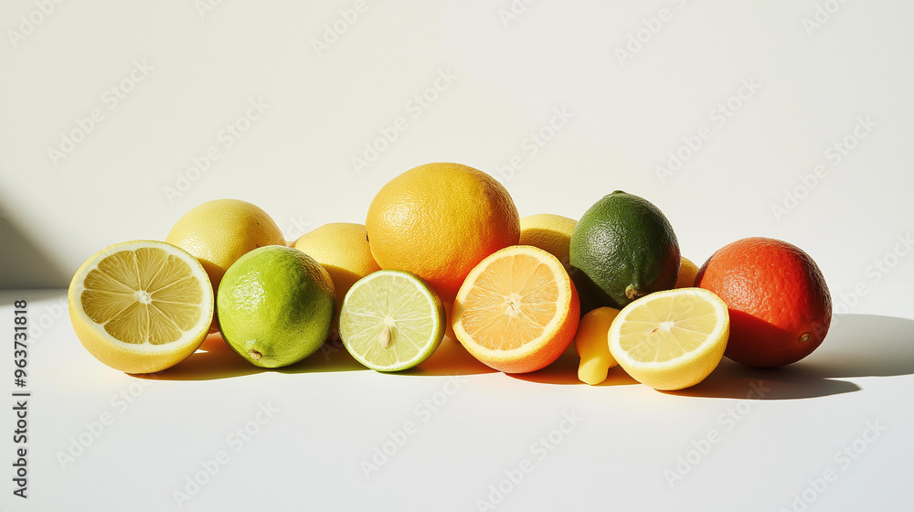 Wall mural an array of citrus fruits including lemons, limes, and oranges against an isolated white background