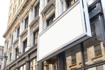 Fototapeta premium A white sign hangs from the side of a building, providing directions or information