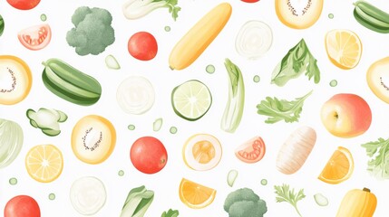 Seamless Vector Graphic Design of Vegetables on White Background with Green Lines