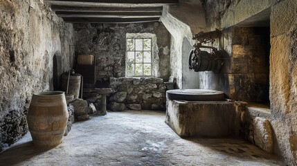 Traditional Stone Mill Interior with Olive Oil Press