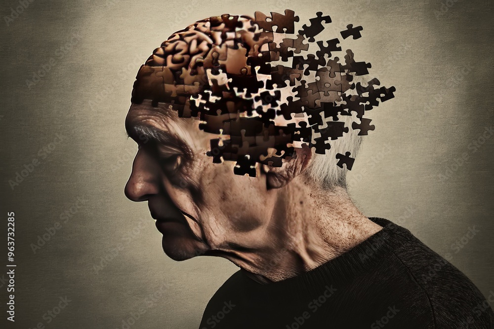 Aufkleber cognitive domain cognitive endurance elderly man with puzzle pieces disintegrating from his head sym