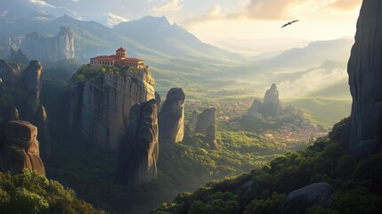 Stunning Remote Cliffs with Ancient Monasteries on Towering Rock Formations, Bathed in Soft Morning Light, Surrounded by Lush Forest and Serene Valleys